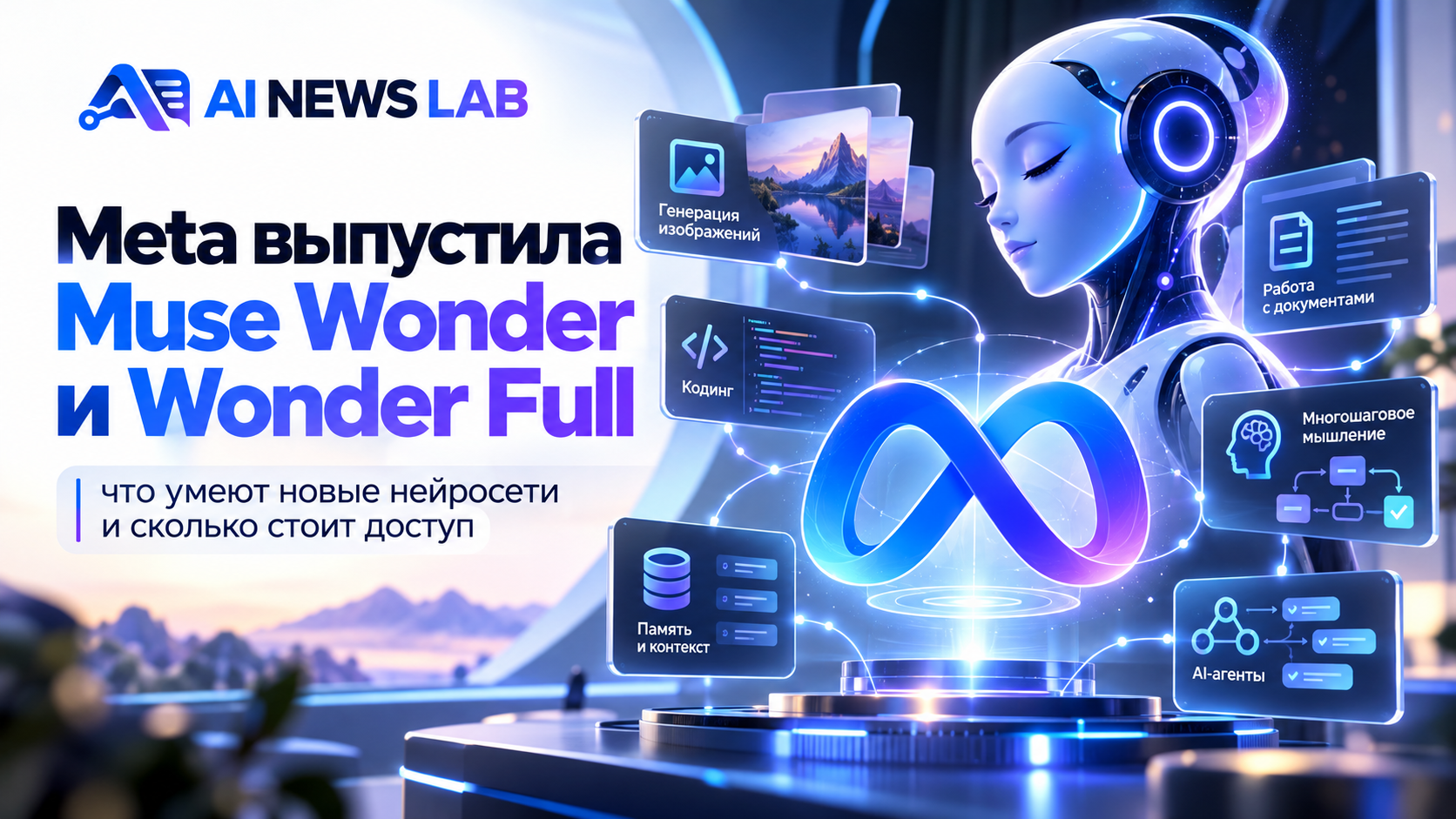 Meta Muse Wonder и Wonder Full — обложка AI News Lab с футуристическим ИИ-роботом, символом Meta и визуализацией возможностей новых нейросетей.