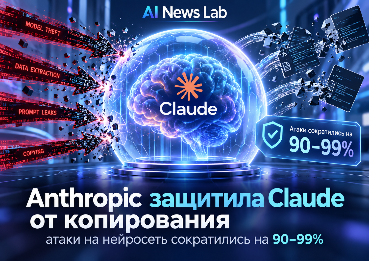 Цифровое ядро Claude под защитным экраном с визуализацией попыток копирования нейросети и показателем снижения извлечения данных на 90–99%