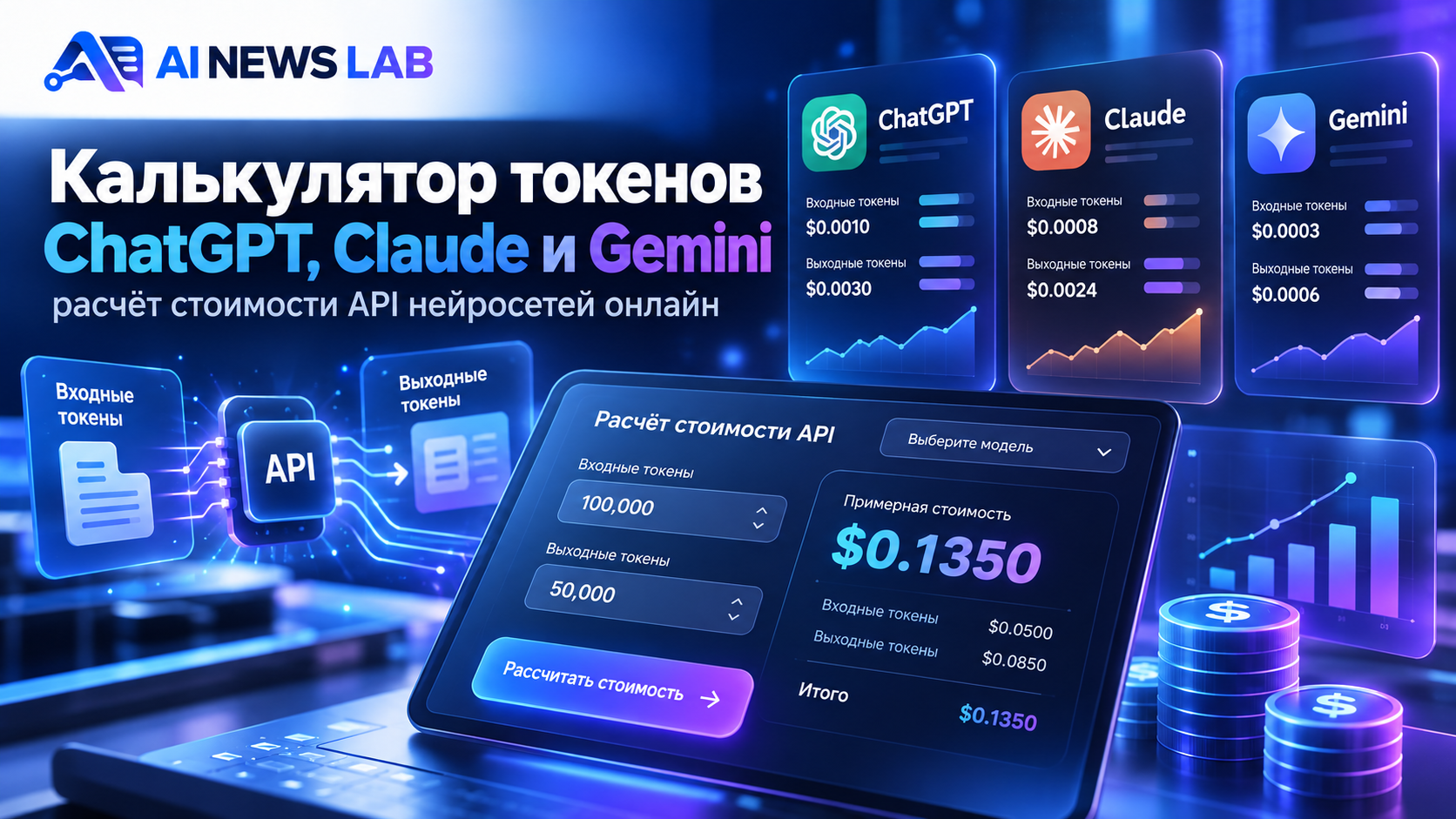 Калькулятор стоимости токенов нейросетей с полями ввода, выбором GPT-6, Claude, Gemini и сравнением расходов на API.