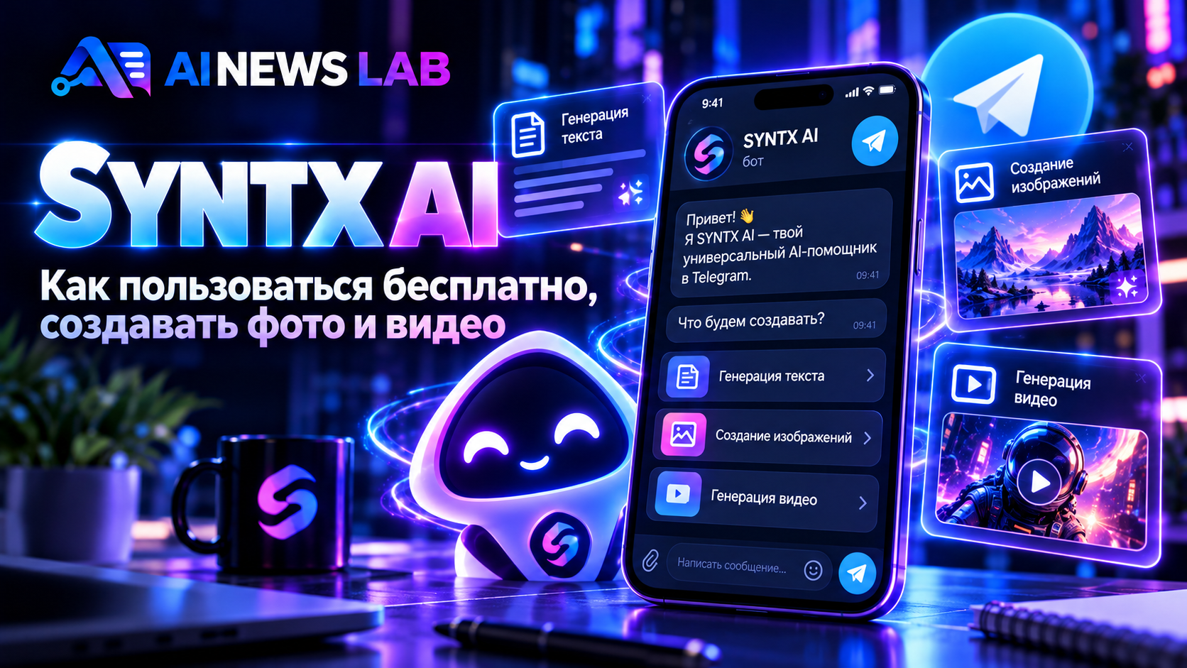 SYNTX AI в Telegram как пользоваться нейросетями бесплатно, создавать фото и видео